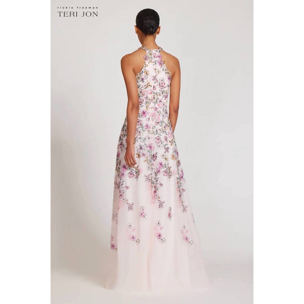 NEW TERI JON tulle floral halter gown in blush multi - Picture 3 of 3